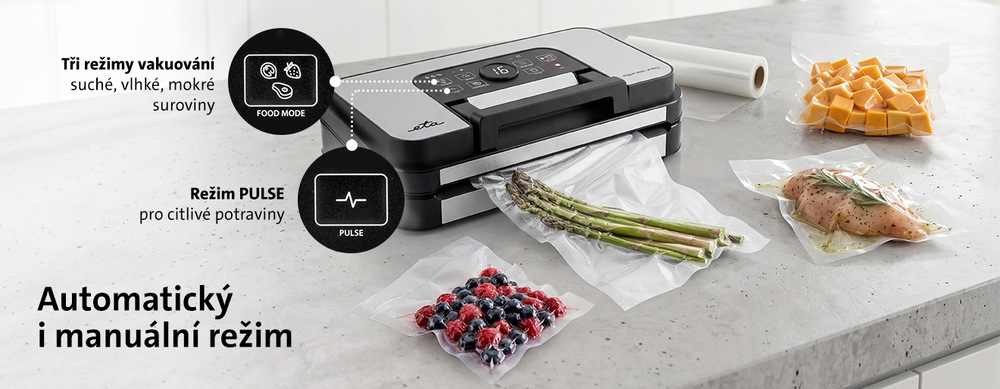 Vakuovačka ETA Aspira Pro se 3 režimy pro suché, vlhké a mokré potraviny. Funkce PULSE pro citlivé suroviny, automatický i manuální režim. Na lince zavakuovaný chřest, maso, lesní plody a sýr