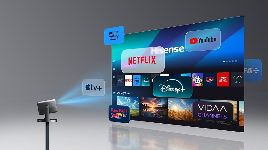 Laser TV Hisense C3 promítá domovskou obrazovku vidaa, ze které vystupují známé aplikace