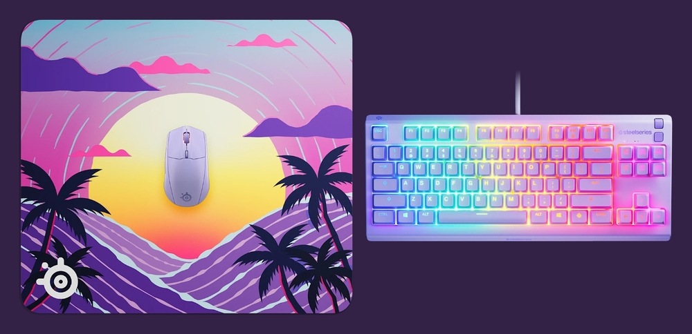Podložka pod myš SteelSeries QcK Large, Neon Sunset fialová Podložka QcK Large Neon Sunset s myší vedle klávesnice s RGB podsvícením