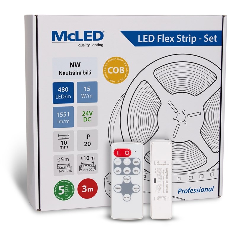 LED pásek McLED sada 3 m + Přijímač Nano, 480 LED/m, NW, 1551 lm/m, vodič 3 m