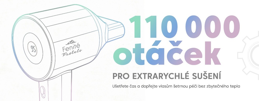 Fén ETA Fenité Pastels 8319 90020 zelený Infografika k fénu ETA Fenité Pastels zdůrazňující výkon: 110 000 otáček za minutu pro extrarychlé sušení. Doprovodný text: Ušetřete čas a dopřejte vlasům šetrnou péči bez zbytečného tepla. Na pozadí je linková ilustrace fénu v pastelových barvách