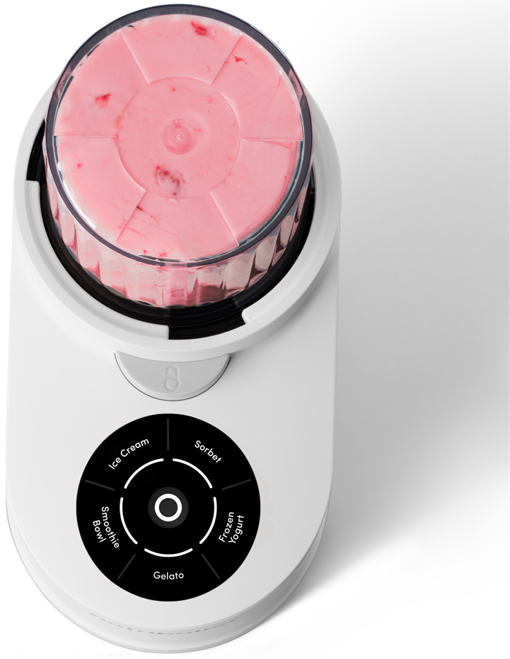 Detail ovládacího panelu Nutribullet zmrzlinovače s režimy Ice Cream, Sorbet, Gelato, Frozen Yogurt a Smoothie Bowl.