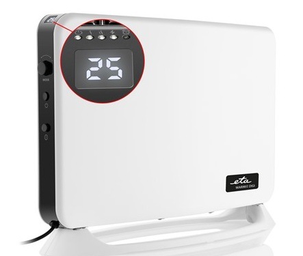 Detailní pohled na digitální displej konvektoru ETA Warmie Digi s nastavenou teplotou 25 stupňů a indikátory funkcí.