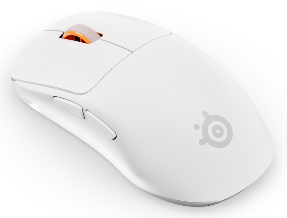 Myš SteelSeries Sensei Pro WL bílá Bílá bezdrátová herní myš SteelSeries Sensei Pro s bočními tlačítky a oranžovým kolečkem