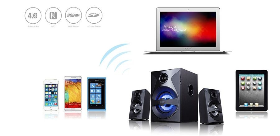 Reproduktory Fenda F&D F380X 2.1, bluetooth, rádio, USB, SD, dálkové ovládání černé Reproduktory Fenda F&D F380X 2.1, bluetooth, rádio, USB, SD, dálkové ovládání černé