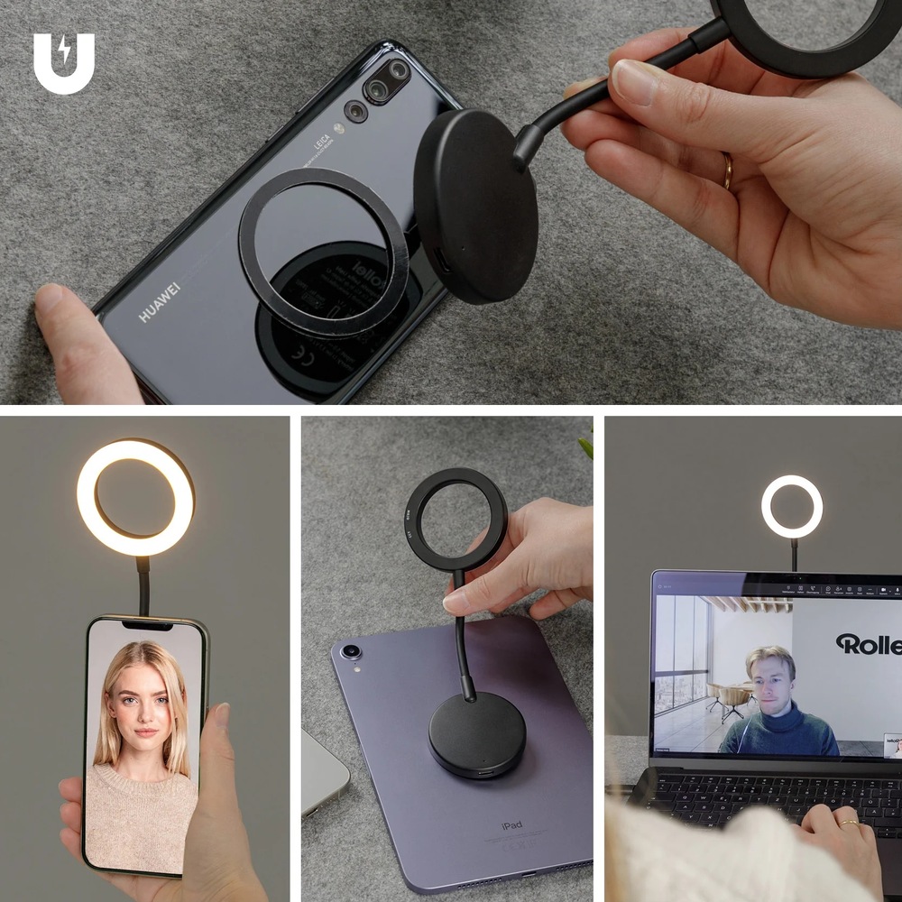 Světlo Rollei LUMIS připevněné k různé elektronice od smartphonu po notebook