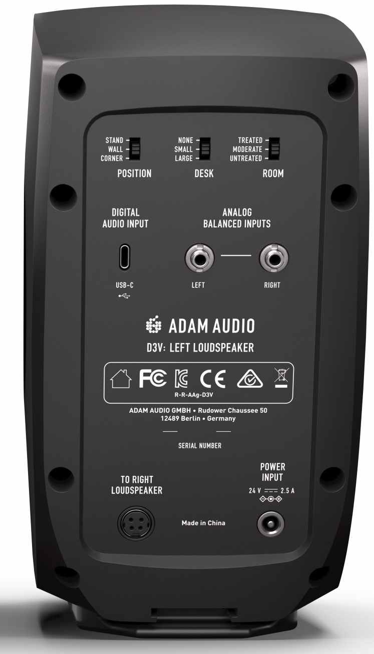 ADAM AUDIO D3V zadní panel s USB-C konektorem a vstupy TRS.