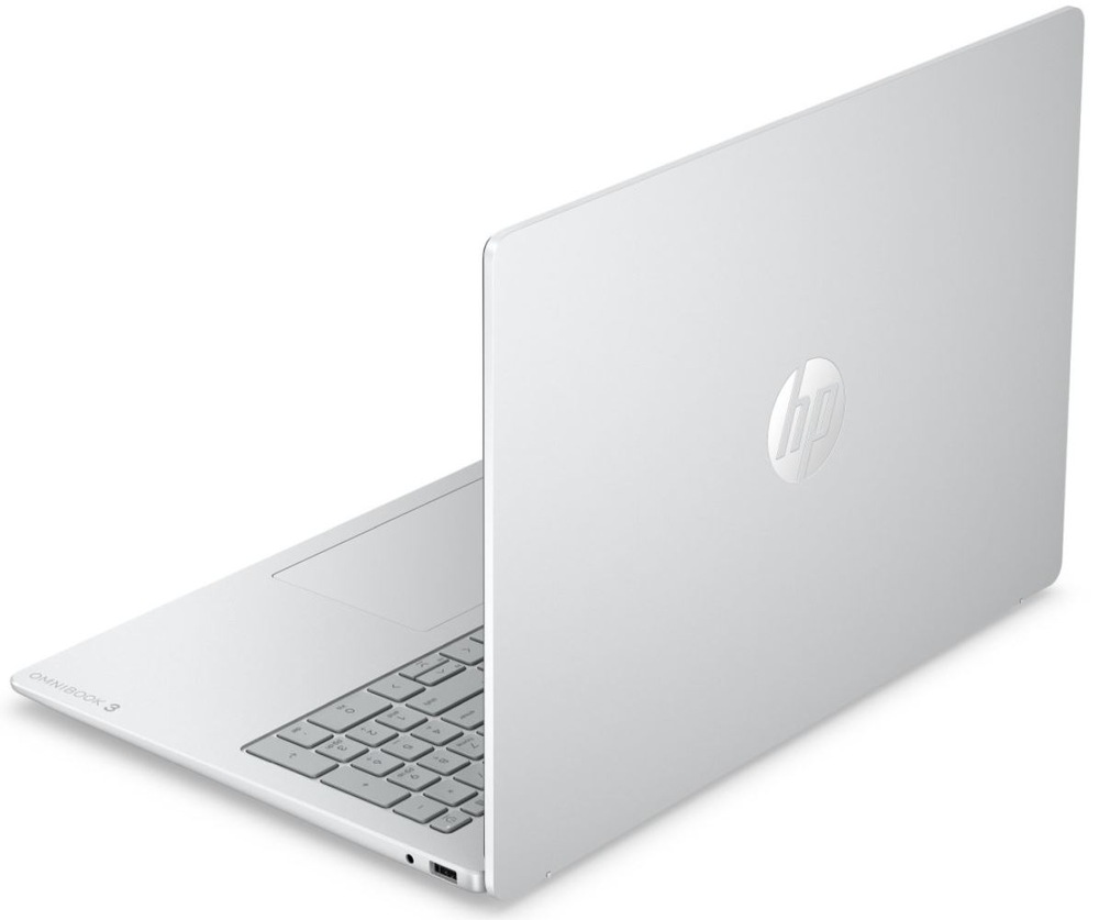 Notebook HP OmniBook 3 16-bu0014ncx + Game Pass předplatné na 2 měsíce stříbrný Zadní pohled na notebook HP OmniBook 3 s logem HP na víku