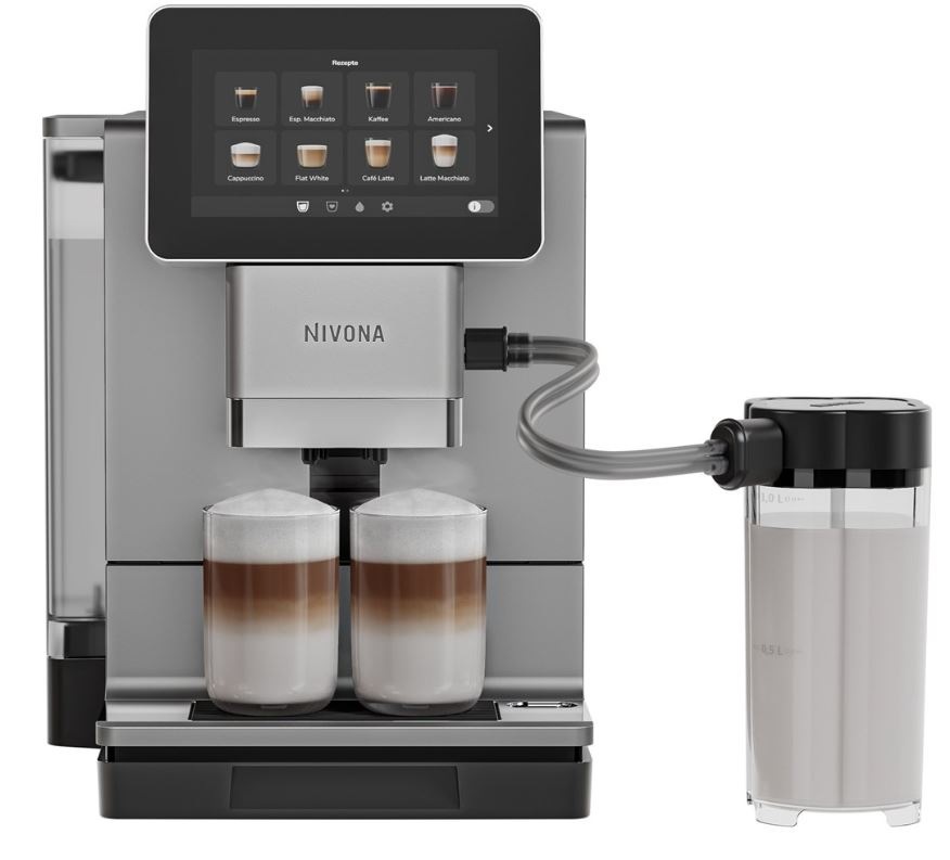 Automatický kávovar Nivona NIVO 9103 titanium stříbrný kávovar NIVONA NIVO 9103 připravuje dva nápoje latte. Zásobník na mléko je připojeny dvojitou hadičkou