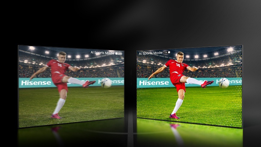 vylepšený obraz fotbalisty při hře na obrazovce Televize Hisense 65UR9S