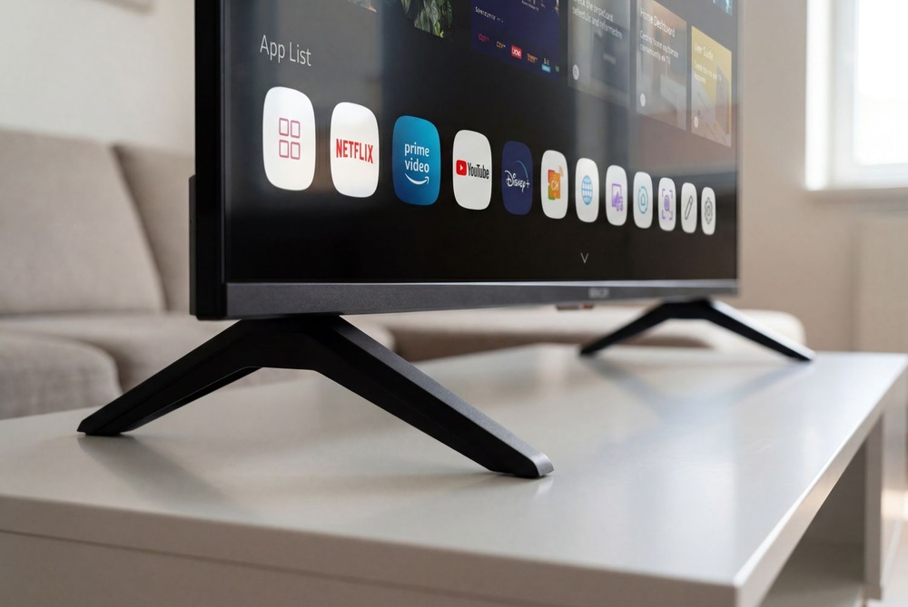Televize Sencor SLE 43US804B Spodní část chytré televize Sencor SLE 43US804B zdůrazňující bezrámečkový design a moderní konstrukci.