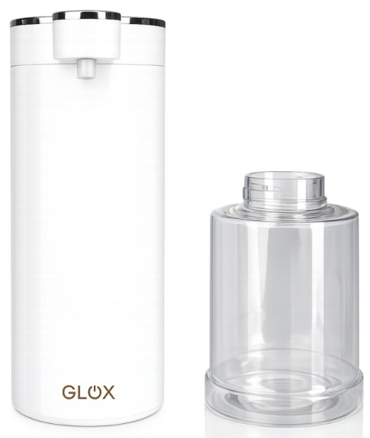 Bílý dávkovač mýdla GLOX GST01W s vyjmutým průhledným zásobníkem o objemu 350 ml