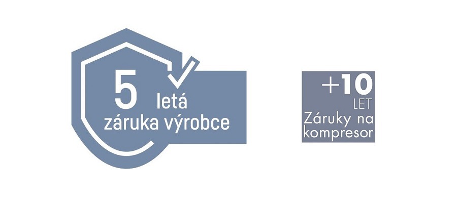 Dvě loga prodloužené záruky: první je 5letá záruka na celý spotřebič, toto logo je v modrého štítu. Druhé logo je 10 let na kompresor, toto logo je v šedém čtverci.