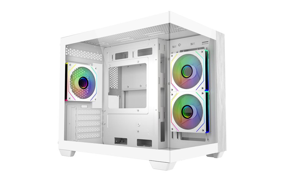 Case Cooler Master Elite 481 Wood ARGB bílá Bílá počítačová skříň s průhlednými panely, vybavená třemi zářivými RGB ventilátory. Moderní a elegantní design.