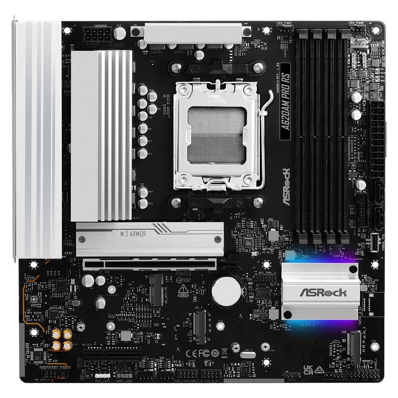 Základní deska ASRock A620AM PRO RS ve stříbrné a černé barvě.