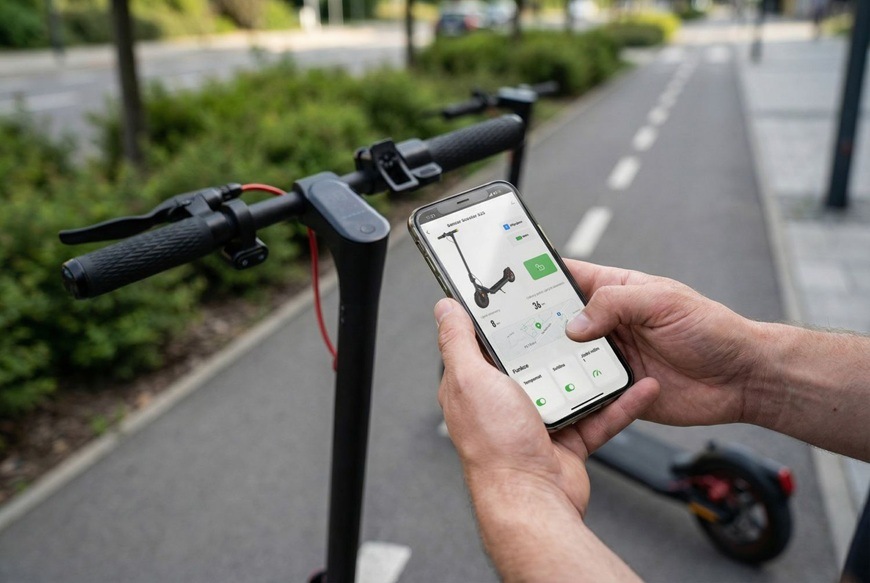 Elektrická koloběžka Sencor SCOOTER S25 černá Uživatel drží chytrý telefon s aplikací pro ovládání elektrické koloběžky Sencor SCOOTER S31 přímo na cyklostezce. Na displeji telefonu je vidět stav koloběžky, její poloha a další jízdní údaje. V pozadí jsou řídítka koloběžky a upravená stezka lemovaná zelení.