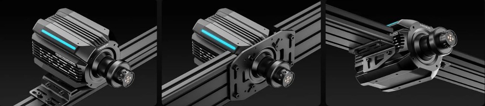 Základna Moza Racing R25 Ultra Direct Drive hliník Obrázky ilustrující různé možnosti připevnění základny volantu – zezdola, zepředu nebo z boku.