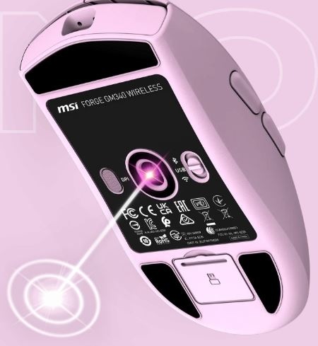 Myš MSI Forge GM340 Wireless růžová Pohled na myš zespodu se znázorněním optického senzoru.
