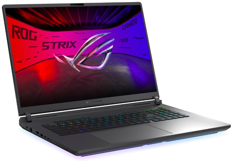 Asus ROG Strix G18 z bočního úhlu s 18" displejem a RGB klávesnicí