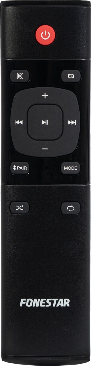 Reproduktory Fonestar KS-12B (2 ks) černé/bílé/oranžové Černý dálkový ovladač Fonestar s tlačítky napájení, hlasitosti, přehrávání, Bluetooth a ekvalizéru.