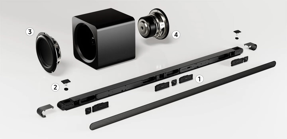 Soundbar Samsung HW-S800D - přední horní reproduktory, 8" subwoofer a 6,5" woofer 