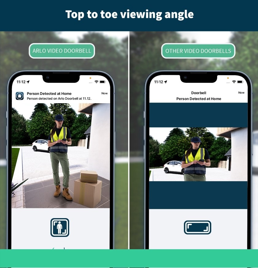 IP kamera Arlo Essential + videozvonek (Gen.2) bílá Ukázka obrazu ze zvonku Arlo v mobilní aplikaci. Žena držící balík je viditelná celá včetně širšího okolí