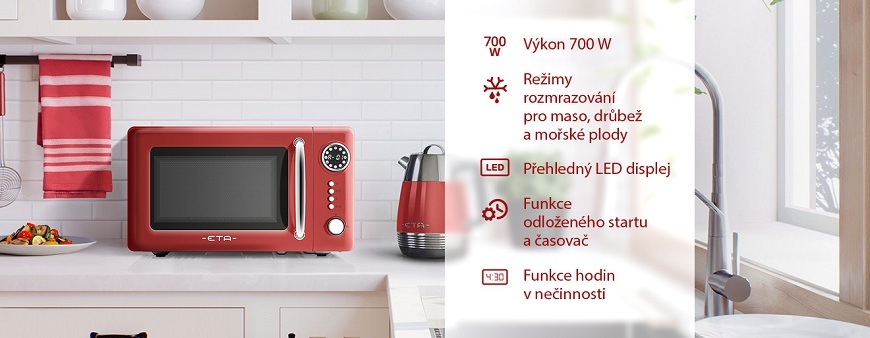 Digitální mikrovlnná trouba ETA Storio v červené barvě: přehledný LED displej, funkce odloženého startu a automatické rozmrazování masa i ryb