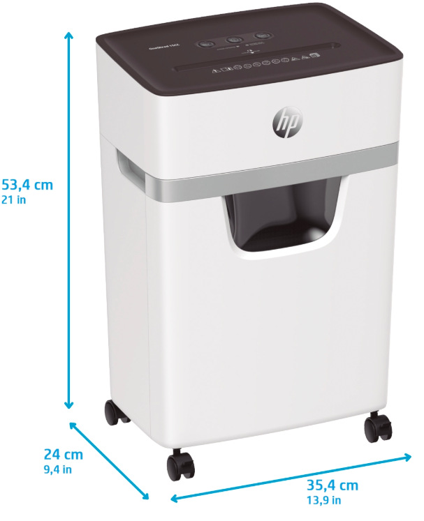 Rozměry skartovače HP OneShred 15CC 53,4 × 35,4 × 24 cm s kolečky pro snadný pohyb