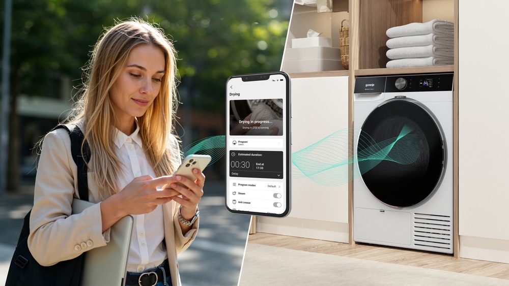 Sušička prádla Gorenje G600 D69B FastDryPro bílá žena ovládá sušičku Gorenje D69B přes telefon