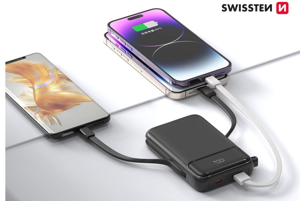 Powerbanka Swissten 10000 mAh, PD 20W s integrovanými kabely USB-C a Lightning (kompatibilní s MagSafe) černá Powerbanka Swissten 10000 mAh, PD 20W s integrovanými kabely USB-C a Lightning (kompatibilní s MagSafe) černá