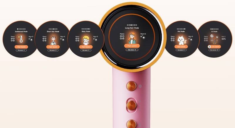 Barevný LCD displej fénu Powerton SMART IONAI se 6 režimy vysoušení pro celou rodinu