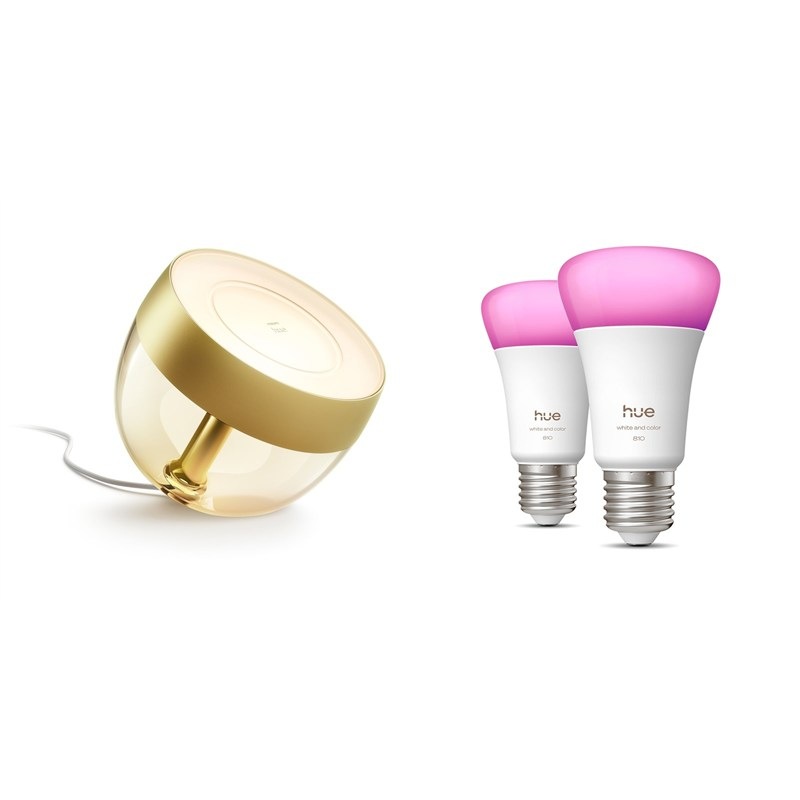 Chytrá žárovka Philips svítidla Stolní LED lampička Philips Hue Iris Gold Special Edition - zlatá + Chytrá žárovka Philips Hue Bluetooth, E27, 810 lm, White and Color Ambiance (2 ks)