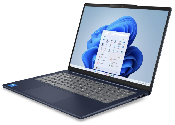 Notebook Lenovo IdeaPad Slim 5 14AKP10 modrý Otevřený notebook Lenovo IdeaPad Slim 5 14AKP10 s nabídkou systému Windows 11