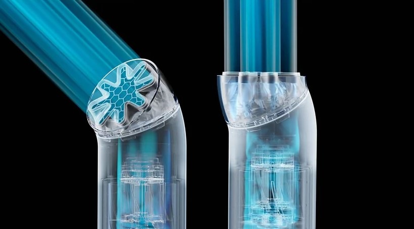 Ventilátor Dyson HushJet™ Mini Cool inkoustově modrý Pohled do vnitřního těla zařízení s otočnou hlavicí, která nasměruje proud vzduchu přesně tam, kam potřebujete.