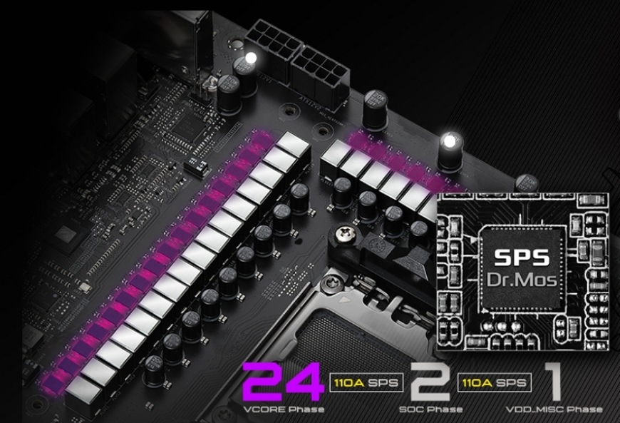 Základní deska ASRock X870E TAICHI LITE Detail napájecí kaskády 24+2+1 SPS Dr.MOS u desky ASRock X870E Taichi Lite