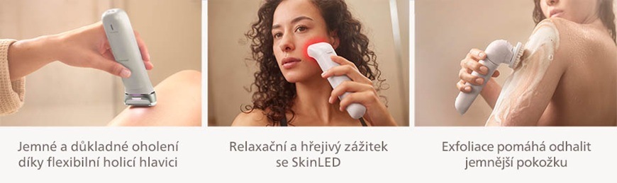 Koláž funkcí dámského holicího strojku Philips BRE748/00 v bílé barvě zobrazující holení s flexibilní hlavicí, použití SkinLED osvětlení a exfoliační nástavec pro odstranění odumřelé pokožky.
