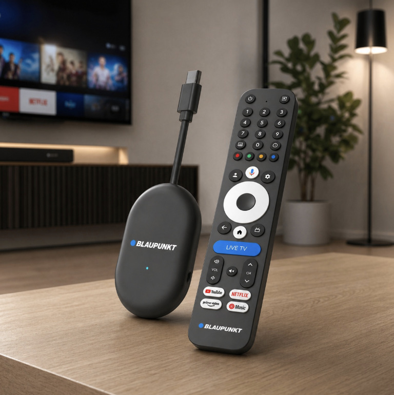 Blaupunkt A-Stream Stick Gen2 s HDMI konektorem a dálkovým ovladačem před televizorem