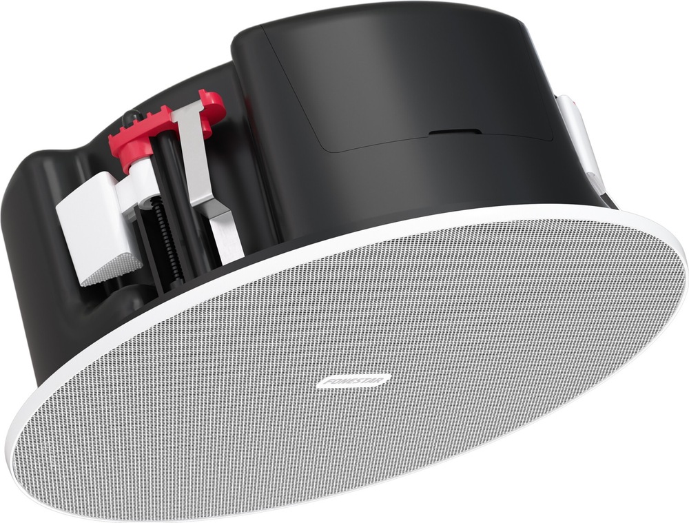 Reproduktor Fonestar SKY-6-DOME (1 ks) černý/bílý Šikmý pohled na vestavný reproduktor Fonestar SKY-6-DOME s bílou mřížkou, černým zadním krytem a stropními montážními západkami.