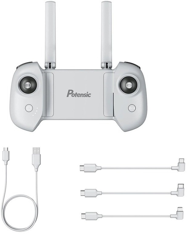 Dálkový ovladač Potensic Atom, napájecí kabel a 3 propojovací kabely (micro USB, USB-C, Lightning)