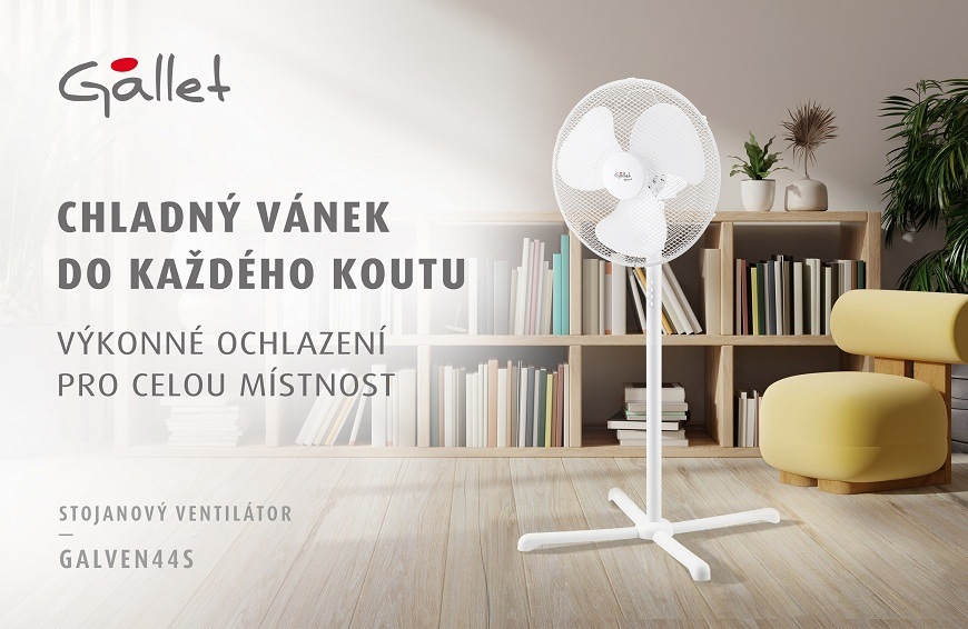 Ventilátor stojanový Gallet Blizzard VEN44S bílý Bílý stojanový ventilátor Gallet GALVEN44S umístěný v moderním obývacím pokoji s knihovnou a žlutým křeslem. Dominantní nápis slibuje „Osvěžení bez kompromisů“. Odražené body vyzdvihují 3 rychlosti foukání, funkci oscilace a intuitivní ovládání