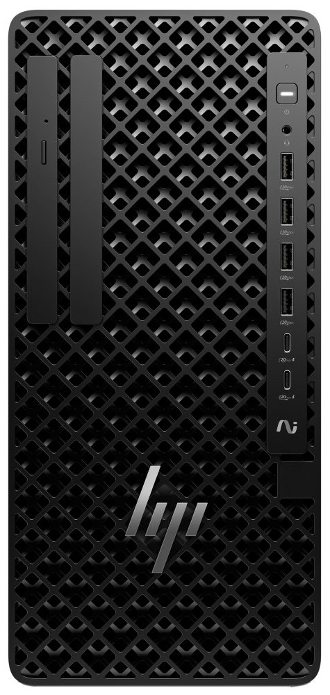 Na obrázku je čelní pohled na černý stolní počítač HP Z1 Tower G1i. Celé čelo pokrývá výrazná perforovaná mřížka s pravidelným kosočtvercovým vzorem. Vlevo jsou dvě svislé úzké pozice, jedna s malým otvorem a štěrbinou. Vpravo je svislý ovládací panel s tlačítkem zapnutí, konektorem pro sluchátka, čtyřmi USB porty a dvěma USB-C porty. Ve spodní části je výrazné logo HP.