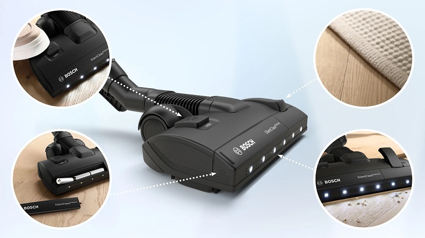 Podlahový vysavač Bosch ProSilence BGL41SIL0L bílý Podlahová hubice Bosch SilentClean Premium se zabudovaným LED osvětlením. Výřezy v kruzích ukazují detaily: přepínání mezi tvrdou podlahou a kobercem, vyjímatelnou baterii a osvětlení nečistot na podlaze