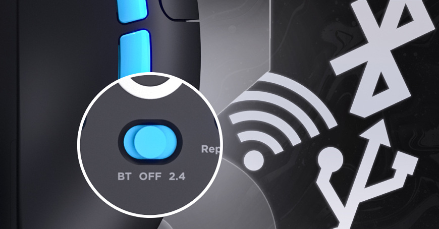 Myš HATOR Pulsar 3 PRO černá Spodní přepínač myši HATOR Pulsar 3 Pro Wireless se symboly tří způsobů připojení