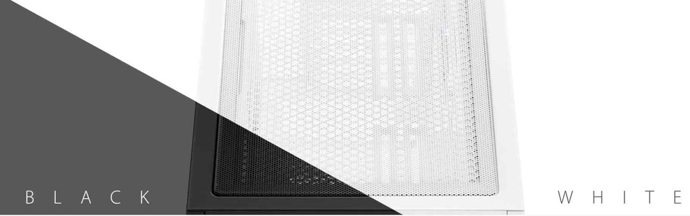 Case Asus A21 PLUS TG ARGB bílá Úhlopříčně rozdělený obrázek s moderním produktem v černé a bílé části. „Černý“ text vlevo, „bílý“ vpravo. Minimalistický a elegantní design.