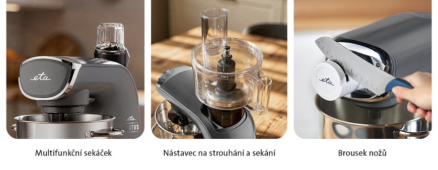 Rozšiřující příslušenství pro robot ETA Gratus Evo Origin II: multifunkční sekáček potravin, nástavec na strouhání a sekání a praktický brousek na nože. Zobrazení montáže příslušenství na tělo tmavě šedého robota