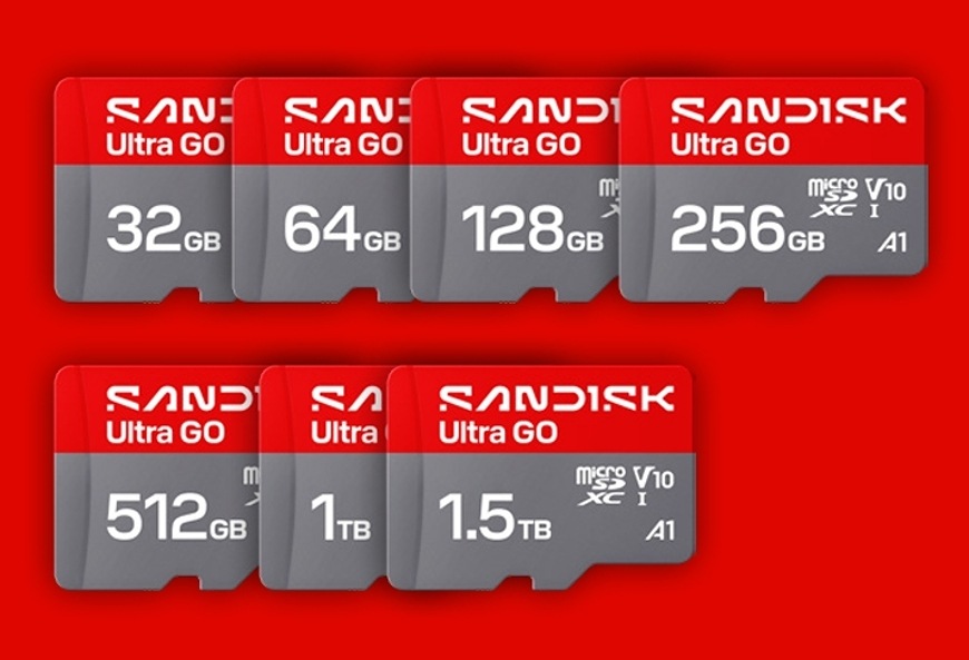 Paměťová karta SANDISK Micro SDXC Ultra GO 1TB UHS-I U1 (190R) Řada paměťových karet SANDISK Ultra GO s různými kapacitami