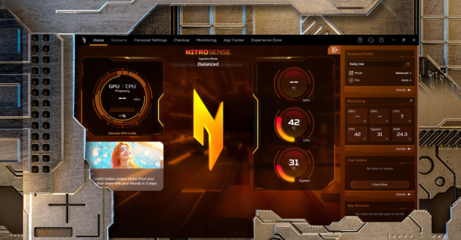 Notebook Acer Nitro V 16 AI (ANV16-42-R5L5) černý Acer Nitro V 16 AI přináší i nástroje NitroSense a Experience Zone