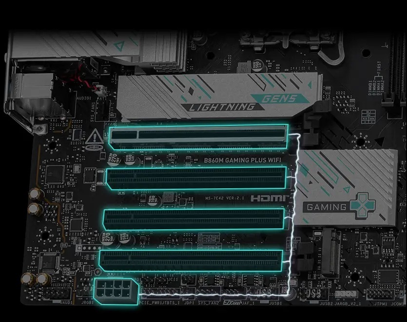 Základní deska MSI B860M GAMING PLUS WIFI Detailní záběr základní desky s vyznačenými PCI sloty a zeleně svítícími obvody. Design působí technicky a moderně a vyzařuje inovativnost.