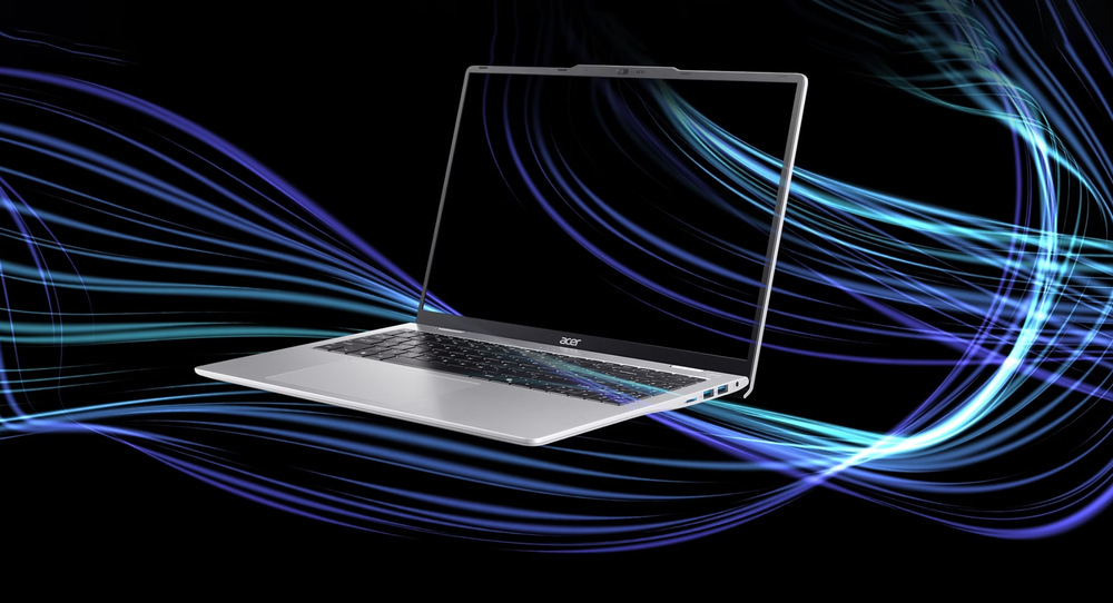 Ilustrace notebooku Acer Aspire Lite 15 s kvalitní obrazovkou, která splývá s pozadím
