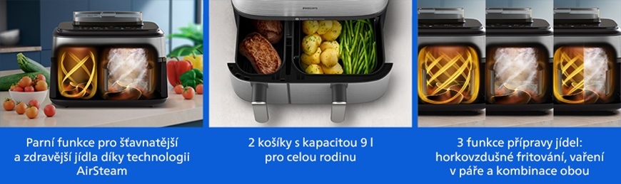 Fritéza horkovzdušná Philips Airfryer Dual Basket 5000 series 9 l, NA555/00 stříbrná Koláž funkcí u horkovzdušné fritézy Philips NA555/00 zobrazující parní technologii AirSteam pro šťavnatější přípravu jídel, dva samostatné koše s celkovou kapacitou 9 litrů a tři režimy vaření – horkovzdušné fritování, vaření v páře a jejich kombinaci.